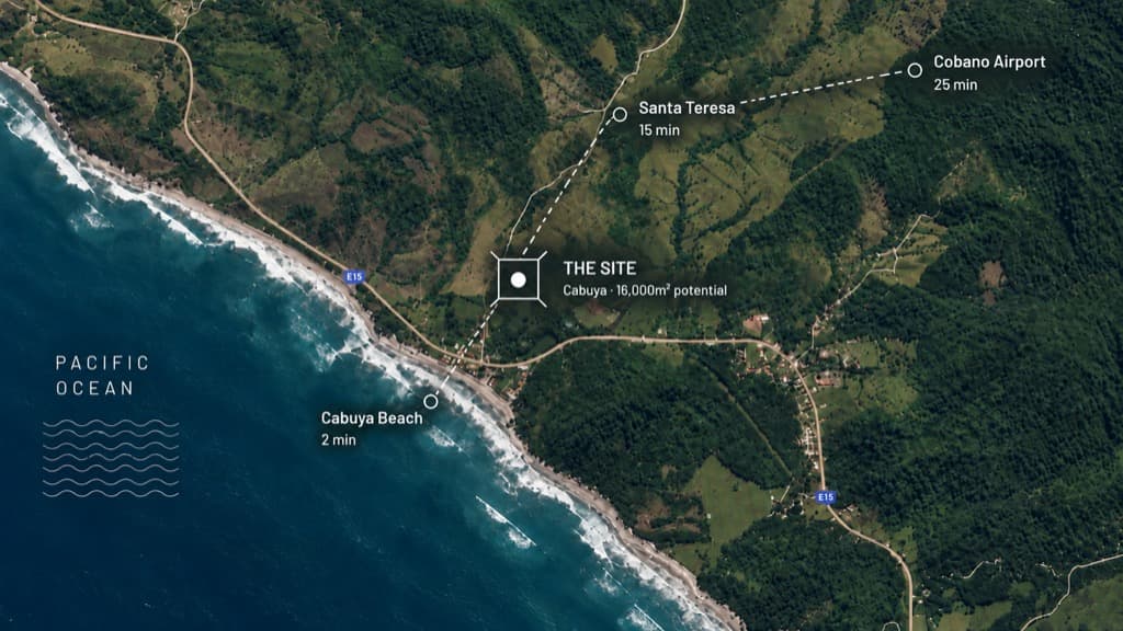 Annotated satellite view of Cabuya: the site, Cabuya Beach 2 min, Santa Teresa 15 min, Cobano Airport 25 min and the Pacific Ocean